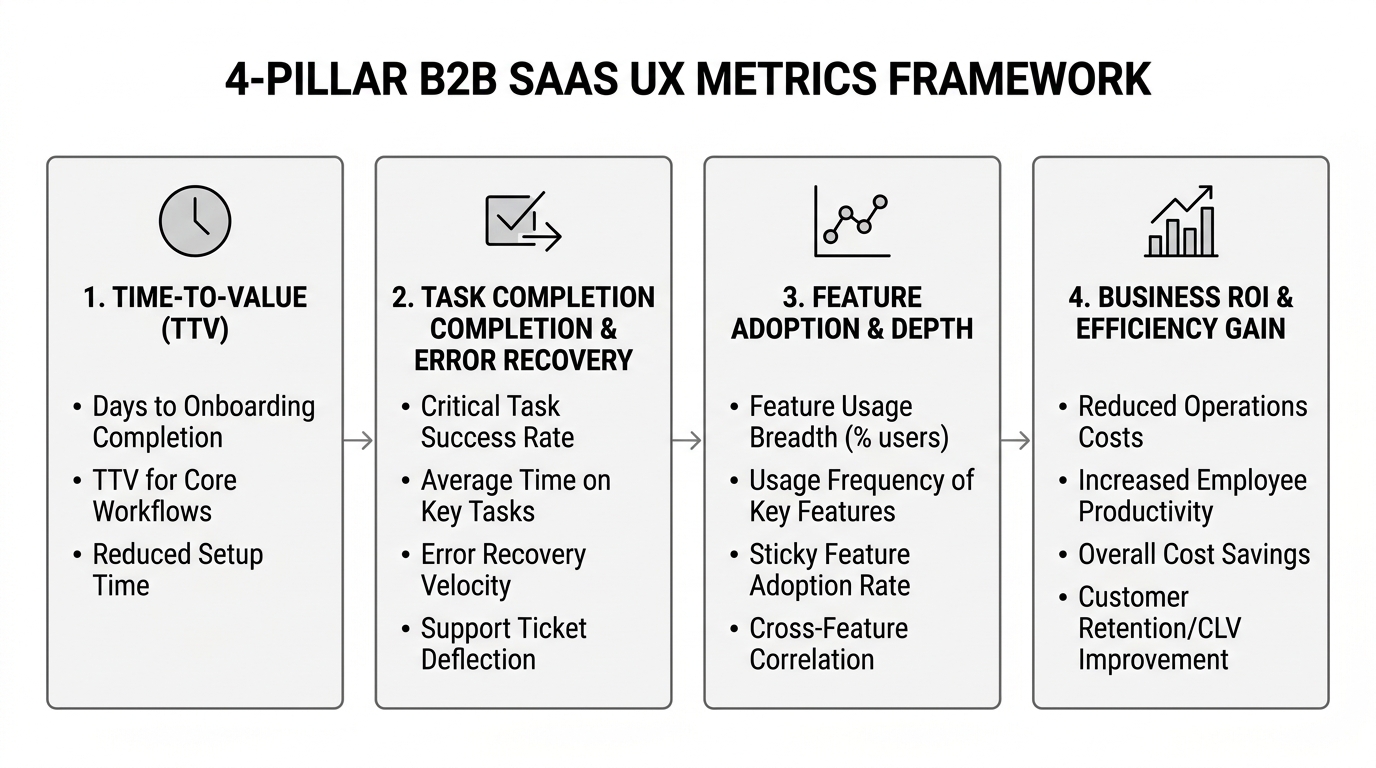 4-Pillar B2B SaaS UX Metrics Framework: Time-to-Value, Task Completion & Error Recovery, Feature Adoption, and Business ROI