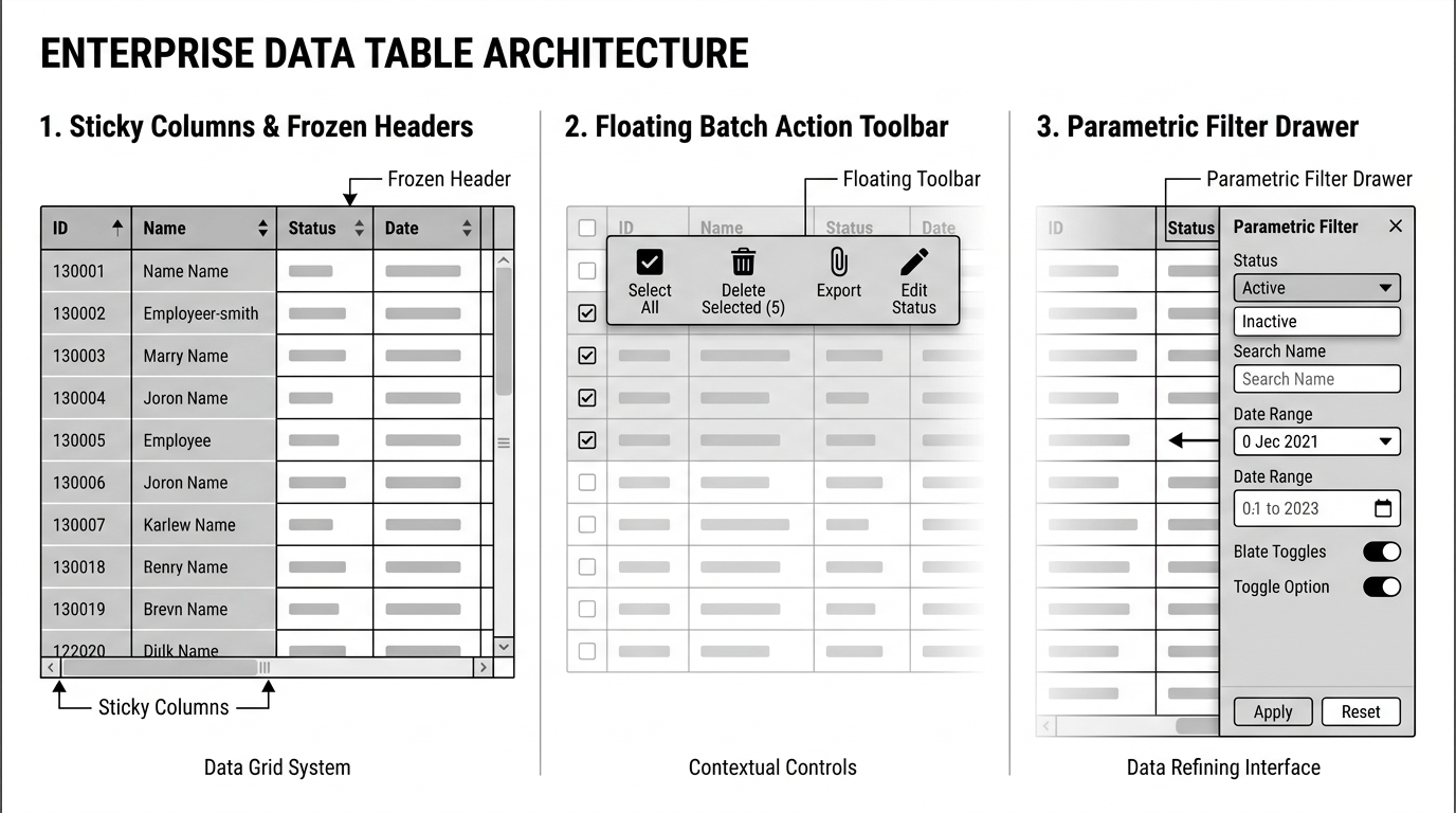 Enterprise Data Table architecture diagram showing sticky columns and parametric filters