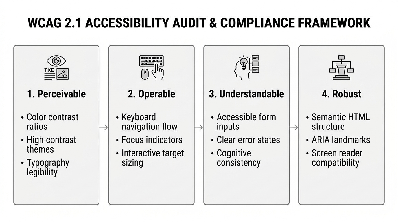 WCAG 2.1 Accessibility Audit & Compliance 4-Pillar Framework diagram